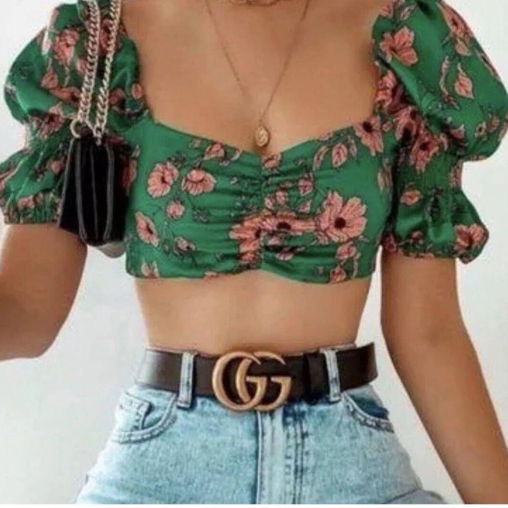 Zara floral crop satin top green and pink size small never worn